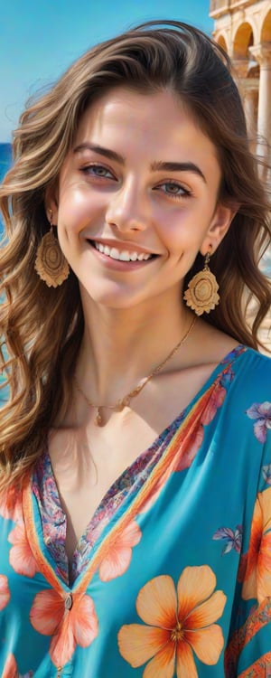 (best quality, masterpiece, top quality, highres, 8K), sharp focus, 
a hyperrealistic close up portrait of A beautiful young woman, grey eyes, flowly bright hair, lipgloss, well defined eyelashes, kind smile, realistic detailed floral shirts, colorful outfit, necklace, earrings, bliss vibes, in a bright mediterranean square, ornate architecture, seashore, epic sky, 