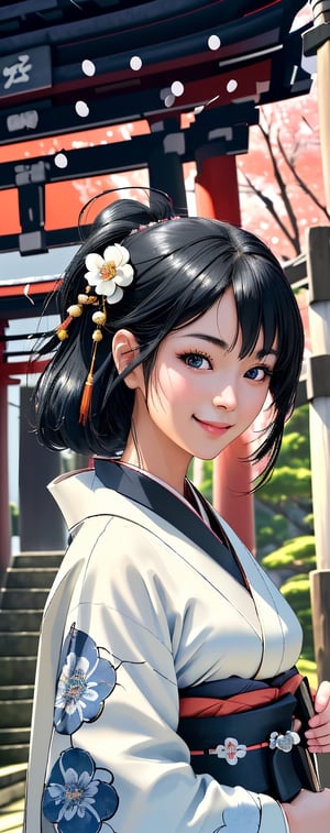 (best quality, masterpiece, ultra detailed, 8K, RAW photo), 
a beautiful young woman in front of japanese shrine, eye contact, black hair, kind smile, japanese ornate hairpin, white kimono with blue brocade, new year decoration, festival, kyoto, jinzya janapese shrine background,