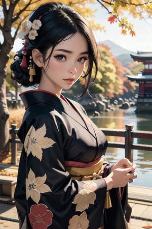 a beautiful young woman, black hair,  japanese ornate hairpin, brocade kimono, kyoto, outdoor, autumn, autumn leaves, fallen leaves, close up, photorealistic