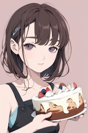((best quality)), a close up flat lineart portrait of a young female patissier, making a cake in kitchen, short pixie hair style, (Like a NCG), purple background, in only four colors, a ncg