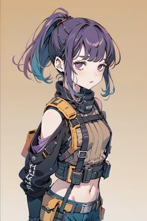 1girl, a close up portait of a beautiful student model in blue camouflage posing lively, looking at viwer, dark beige pixie hair style, urban techwear, outfit, fingerless glove, shoulder holster, belt, hoslter, thigh holster, a ncg, in only four colors, flat purple background,