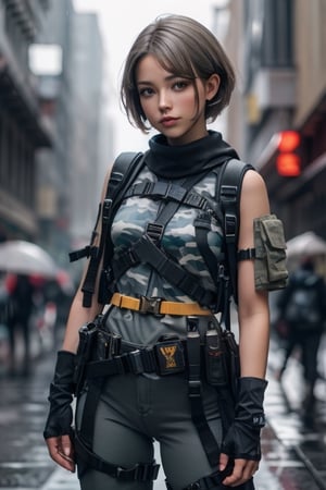 1girl, a chest up portait of a beautiful student model in blue camouflage posing lively, looking at viwer, dark beige pixie hair style, urban techwear, outfit, crowded street in the rain, depth_of_field, fingerless glove, shoulder holster, belt, hoslter, thigh holster,