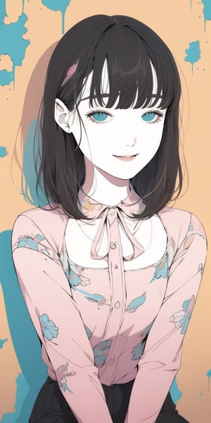 a flat lineart Portrait of a young beautiful woman leaning against the colorful wall printed batanial patterns at pop-style Private Rooms,kind smile,bangs,messy short-bob,detailed realistic clothes,soft tone,only in four colors,a ncg,