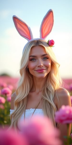 best quality, 4k, 8k, masterpiece, ultra-detailed, a beautiful blonde woman wearing bunny ears in the middle of a field of pink flowers with a rose in her hair,
eye contact,lipgloss,kind smile,epic sky,