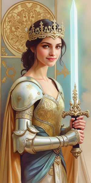 (best quality, masterpiece, ultra-detailed, 8K, watercolor painting), a beautiful young woman wearing an ornate crown and intricate armor, portrayed in the elegant style of Art Nouveau. She is holding a glowing sword that radiates soft light, creating a striking contrast with the delicate watercolor strokes. The woman is making eye contact with a kind smile, adding warmth and approachability to her regal appearance.

The Art Nouveau influence is reflected in the flowing, organic lines of her armor and the crown’s intricate design, blending seamlessly with the soft, dreamy hues of the watercolor medium. The scene feels both powerful and graceful, with the glowing sword adding a magical, ethereal element to the composition. The overall style combines detailed, flowing aesthetics with the soft textures of watercolor, creating a balanced, enchanting visual.
