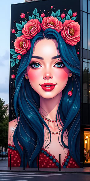 (beautiful and aesthetic:1.4),  a beautiful young woman, displayed on the video wall at downtown, kind smile, bliss, fantasy, abstract, intricate, street art, artwork
realistic details, colorful, vibrant colors, well lit background,