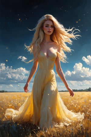 a hyperrealistic waist high portrait of an ethereal being, light yellow and glowing with golden sparkle, beautiful facial features, eye contact, well defined eyelashes, lipgloss, kind smile, perfect finger anatomy,dance and flow with the wind across a landscape sprinkled with silver and golden dust, dark ethereal flow in visible light, epic sky, transparent hues merging with the luminous surroundings, digital painting, ultra realistic, with use of dramatic lighting, golden ratio composition, octane rendering, with highly windy atmosphere