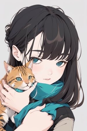 ((best quality)), bold lineart portrait of a young beautiful artist holding a beautiful cat in her arm, chignon, black hair with dark green streak hair, bright clean skin, nice mood, small bandanna, golden ratio, a ncg, in only four colors,
