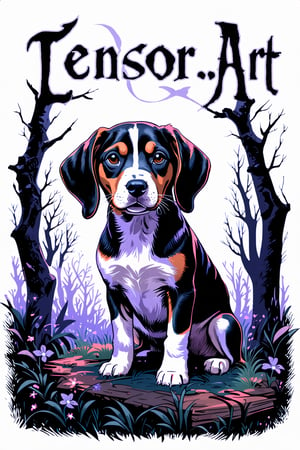 Prompt : Dark fantasy book cover, title: "Tensor.Art", author: "GGTH, ethereal flat illustration, flat art style, mysterious beagle puppy, dark and moody atmosphere, intricate details, mystical forest background, muted color palette with deep blues, purples, and blacks, subtle glowing elements, shadows and highlights, elegant typography for title and author name, fantasy elements, enchanting and captivating design, high resolution.
