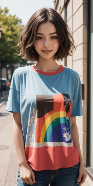 (best quality, masterpiece, highres, ultra-detailed, 8K, RAW image),high details, 
edgy pinterest woman,20 years old,wearing a oversized rainbow color patterns t-shirts,happy,dimples,natural look,sunny,soft lighting,emotional,grainy,