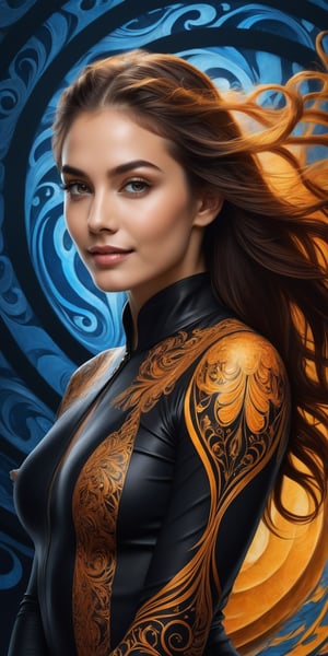 (best quality, masterpiece, top quality, highres, 8K), sharp focus, 
digital art, In a surreal and captivating scene, a beautiful young woman wears a black clothes with intricate patterns, eye contact,kind smile,lipgloss,well defined eyelashes,flowy glowing hair, her charcoal and amber outfits. The background artwork is a swirling vortex of colors, with shades of blue and amber dominating the canvas. Dawn, Baroque Art, Ambient lighting, Dichromatic,