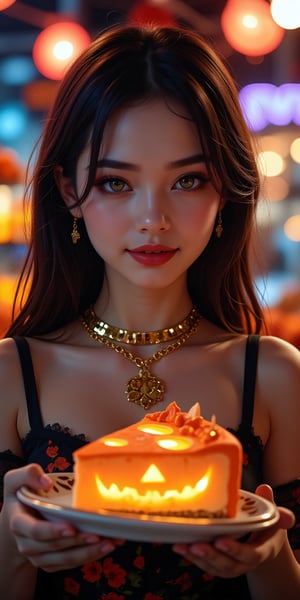 (best quality, masterpiece, ultra detailed, 8K, RAW photo), an oil paintiing of a beautiful student model handing over a plate with a slice of cake in the shape of a jack-o'-lantern to the viewer with eye contact, in the fruites market, in Halloween costume, eye contact,beautiful detailed eyes, lipgloss, kind smile, graceful pose, flowy hair, glowing jewelries, gorgeous gold necklace, fantasy style, soft brush strokes, vibrant colors, delicate features, neon light, Halloween vibes, colorful