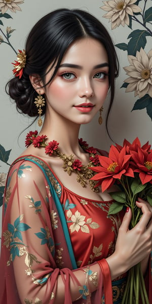 (best quality, masterpiece, ultra detailed, 8K, RAW photo),
a beautiful young woman embracing a bouquet on the chest, solo, garland around the neck, flowers, petals, eye contact,  grey eyes,  flowy black hair,  chignon, smirk,  shaded glossy lips, detailed collarbones,  exquisite colorful brocade costume, prestigous cozy outfit,  sheer ornate cape,  poinsettia wreath, bold shape of realistic detailed necklace,  makeup,  dynamic pose,  BREAK  bliss,  serene,  cinematic  style,  uhd,  upper body portrait photography,  fashion editorial,  accent lighting,  in front of glowing porcelain wall painted with silver/black botanical patterns,  cinematic, photorealistic, octane render, HD 8K DSLR, sharp focus, depth of field,colorful,perfect composition,