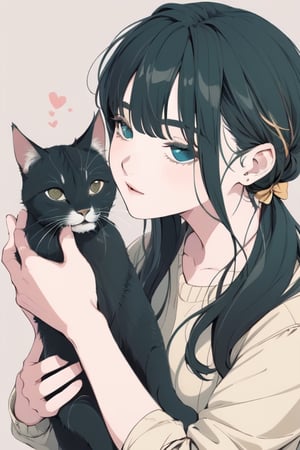 ((best quality)), bold lineart portrait of a young beautiful artist holding a beautiful cat in her arm, chignon, black hair with dark green streak hair, bright clean skin, nice mood, small bandanna, golden ratio, a ncg, in only four colors,realhands