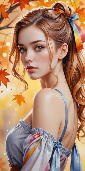 (masterpiece, best quality, ultra-detailed, 8K),highres, high detail, realisitc detailed,highres,sharp focus, 
watercolor, a beautiful woman, shoulder, hair ribbons, half body portrait, extremely luminous bright design, ink, pastel colors, autumn lights