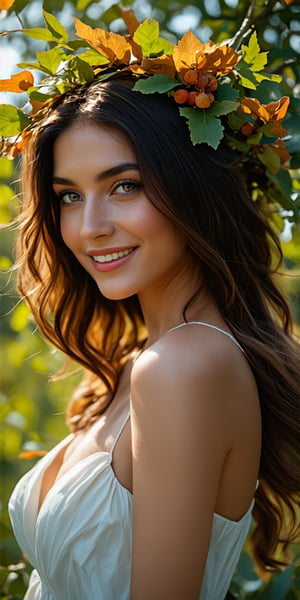 (best quality, 4k, 8k, highres, masterpiece:1.2), ultra-detailed, (realistic, photorealistic, photo-realistic:1.37), nature goddess, eye contact,kind smile,leaf body, portrait, greenery, wildflowers, breathtaking eyes, serene expression, graceful pose, ethereal beauty, luminous skin, flowing hair, elegant crown of (leaves and berries, grapes), soft natural light, vibrant colors, mythical essence, surreal atmosphere, dreamlike aura, harmonious connection with nature, enchanted orchard.