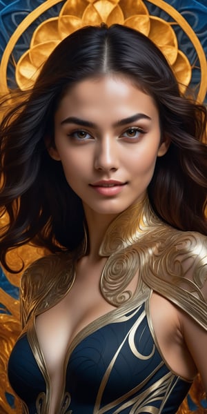 (best quality, masterpiece, top quality, highres, 8K), sharp focus, 
digital art, In a surreal and captivating scene, a beautiful young woman wears a black clothes with intricate patterns, eye contact,kind smile,lipgloss,well defined eyelashes,flowy glowing hair, her charcoal and gold outfits. The background artwork is a swirling vortex of colors, with shades of blue and amber dominating the canvas. Dawn, Baroque Art, Ambient lighting, Dichromatic,