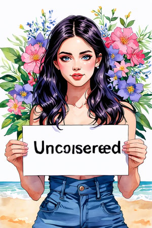 (best quality, masterpiece, ultra detailed, 8K, RAW photo), 
stylized watercolor digital illustration, beautiful student model with holding a signboard saying "Uncensored",creamy pale skin, beautiful face, purplish black hair, detailedblue eyes, detailed flowers,  erfect anatomy, dynamic poses, fashion,  beach background,cinematic light, , luminism, highly detailed, sharp focus, full body shot,ultra fine detail,