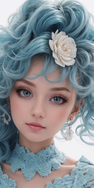 (1cute girl), long blue curly hair, green eyes, wearing a beautiful baby blue lace dress. White skin, splat art background, eye_detail, background_detail, face_detail, hair_detail, more_detail, add_detail, adddetailed, cute_face,