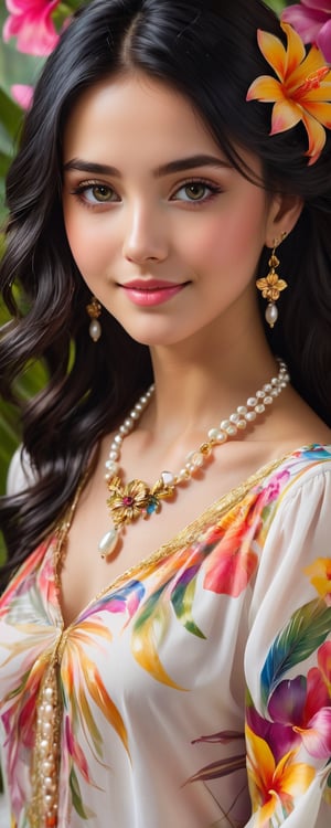 (best quality, masterpiece, ultra detailed, 8K, RAW photo), 
an oil paintiing of a beautiful student model, eye contact,beautiful detailed dark eyes, lipgloss, kind smile, graceful pose, flowy black hair, pearl white expressive prestigous blouse with colorful flower patterns, glowing jewelries, gorgeous gold necklace, fantasy style, soft brush strokes, vibrant colors, delicate features, soft natural light, subtle shading, tropical fesitval background, 