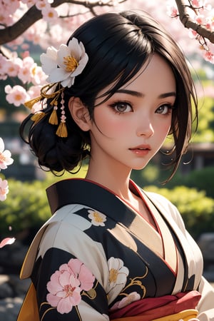 a beautiful young woman, black hair,  japanese ornate hairpin, brocade kimono, kyoto, outdoor, spring, flowers, falling petals, close up, photorealistic