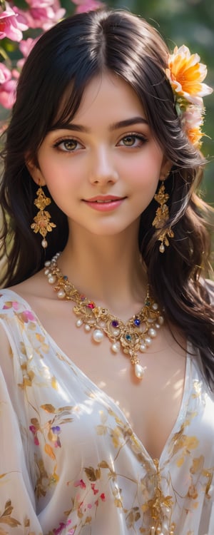 (best quality, masterpiece, ultra detailed, 8K, RAW photo), 
an oil paintiing of a beautiful student model, eye contact,beautiful detailed dark eyes, lipgloss, kind smile, graceful pose, flowy black hair, pearl white expressive prestigous blouse with colorful flower patterns, glowing jewelries, gorgeous gold necklace, fantasy style, soft brush strokes, vibrant colors, delicate features, soft natural light, subtle shading, summer fesitval background, 