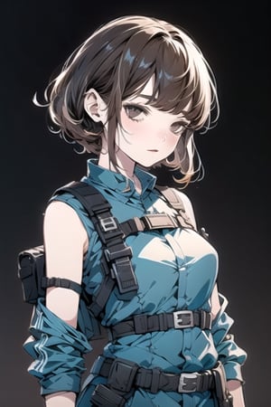 1girl, a close up portait of a beautiful student model in blue camouflage posing dynamically, looking at viwer, dark beige pixie hair style, urban techwear, outfit, fingerless glove, shoulder holster, belt, hoslter, thigh holster, a ncg, in only four colors, brown background,