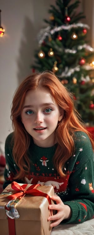 (best quality, masterpiece, ultra detailed, 8K, RAW photo),
a beautiful young girl opening a gift in christmas morning, angelic beauty, red hair, stunning dark green eyes, christmas sweater, dimples, cozy room, christmas decorations, shadow play, soft lighting, Detailedface,Detailedface,colorful,color art