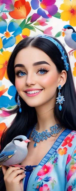 (best quality, masterpiece, ultra detailed, 8K, RAW photo), absurdres, a beautiful young woman holding a java sparrow, flowy long black hair, Prussian Blue outfit,grey eyes,glossy lips,kind smile,intricate jewelry,necklace,earrings, bliss, floral background,vibrant color, colorful, 