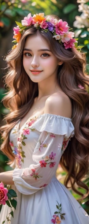 (masterpiece, best quality, ultra-detailed, 8K),high detail,
a beautiful young woman with long flowy hair, colorful wreath, brown eyes, orcelain skin, flawless complexion, rosy lips, luscious mouth,kind smile, realistic flower white dress, elegant colorful outfits,
warm tone, soft lighting, dynamic shadows,blooming lush garden background, 
depth of field,
,colorful,<lora:659095807385103906:1.0>