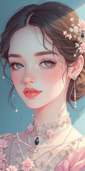 (best quality, masterpiece, ultra-detailed, flat colors, 8K), a highly detailed flat colors illustration of a stunning young woman with striking azure eyes. Her delicate makeup enhances her natural beauty, and her full lips are softly highlighted. Her hair is elegantly styled in soft curls, adorned with small, lustrous pearls that add to her graceful appearance. She is wearing an exquisite, intricately designed dress covered in delicate floral embroidery, pearls, and gemstones in soft shades of pink and silver.

The lighting creates a gentle, soft glow on her skin, subtly illuminating the texture of the fabric and enhancing the sparkle of the pearls and gemstones. Each element of her attire is rendered with intricate precision, capturing the fine details of the embroidery and the shimmer of the jewels. The softly blurred background draws attention to her elegant features and the ornate details of her attire, adding a sense of depth and refinement to the portrait.
