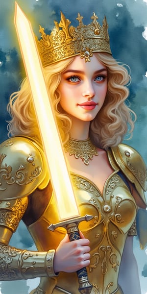 (best quality, masterpiece, ultra-detailed, 8K, watercolor painting), a beautiful young woman wearing an ornate crown and intricate armor, portrayed in the elegant style of Art Nouveau. She is holding a glowing sword that radiates soft light, creating a striking contrast with the delicate watercolor strokes. The woman is making eye contact with a kind smile, adding warmth and approachability to her regal appearance.

The Art Nouveau influence is reflected in the flowing, organic lines of her armor and the crown’s intricate design, blending seamlessly with the soft, dreamy hues of the watercolor medium. The scene feels both powerful and graceful, with the glowing sword adding a magical, ethereal element to the composition. The overall style combines detailed, flowing aesthetics with the soft textures of watercolor, creating a balanced, enchanting visual.
