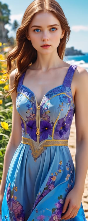 (best quality, masterpiece, ultra detailed, 8K, RAW photo), 
stylized watercolor digital illustration, beautiful student model, creamy pale skin, beautiful face, purplish brown hair, detailedblue eyes, belly button expose, intricate summer dress with detailed yellow/purple flowers pattern, perfect anatomy, dynamic poses, fashion, bitcoin beach el Salvador background,cinematic light, top angle shot, luminism, highly detailed, character sheet, sharp focus, full body shot,ultra fine detail,