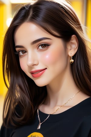 (best quality, 4k, 8k, highres, masterpiece), ultra-detailed,  a close up realistic portrait of a beautiful student model, looking back, long hair, eye contact, kind smile, well lit background, shirt, brown hair, black hair, closed mouth, jewelry, brown eyes, earrings, necklace, black shirt, lipgloss, forehead, stenciled yellow iconography background, portrait, realistic, photorealistic