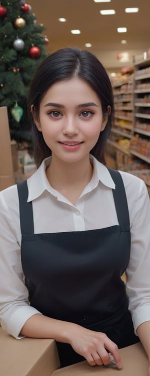 (best quality, masterpiece, ultra detailed, 8K, RAW photo), 
photorealistic, hyperdetailed photography, 
a beautiful young saleswoman working in grocery store, 30yo, eye contact, facing viewer, black hair, kind simle, prudent, grocery store, cash register,  christmas decorations, christmas tree, soft bright lighting, colorful