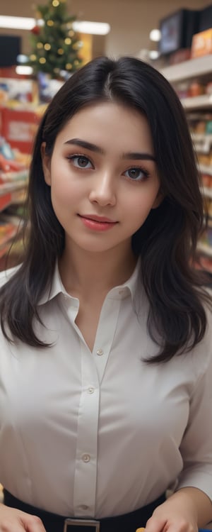 (best quality, masterpiece, ultra detailed, 8K, RAW photo), 
photorealistic, hyperdetailed photography, 
a beautiful young saleswoman working in grocery store, 30yo, eye contact, facing viewer, black hair, kind simle, prudent, grocery store, cash register,  christmas decorations, christmas tree, soft bright lighting, colorful