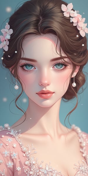 (best quality, masterpiece, ultra-detailed, flat colors, 8K), a highly detailed flat colors illustration of a stunning young woman with striking azure eyes. Her delicate makeup enhances her natural beauty, and her full lips are softly highlighted. Her hair is elegantly styled in soft curls, adorned with small, lustrous pearls that add to her graceful appearance. She is wearing an exquisite, intricately designed dress covered in delicate floral embroidery, pearls, and gemstones in soft shades of pink and silver.

The lighting creates a gentle, soft glow on her skin, subtly illuminating the texture of the fabric and enhancing the sparkle of the pearls and gemstones. Each element of her attire is rendered with intricate precision, capturing the fine details of the embroidery and the shimmer of the jewels. The softly blurred background draws attention to her elegant features and the ornate details of her attire, adding a sense of depth and refinement to the portrait.
