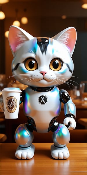 (best quality,8K,highres,masterpiece), ultra-detailed, (cute cat robot), a cat robot in bright, carrying a coffee cup in a luxurious restaurant, cute vibrant colors, rendered in full size. The cat robot is adorned with playful and vibrant hues of iridescent, with adorable features that exude charm and innocence. Every detail of the robot's design, from its rounded edges to its expressive eyes, is meticulously rendered with ultra-realistic precision. The scene radiates with warmth and whimsy, inviting viewers to embrace the endearing nature of this mechanical marvel.