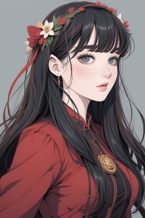 flat line art, An upper body portrait of snow white,  a stunning beautiful student model in a ornate red dress with a wreath, dark long hair, grey eyes BREAK 
pretty face, fantasy art, so cute, a ncg, in only four colors, holy background,