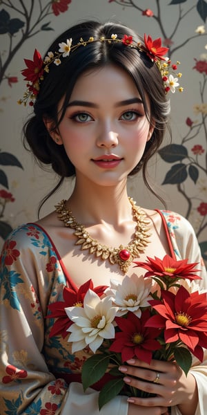 (best quality, masterpiece, ultra detailed, 8K, RAW photo),
a beautiful young woman embracing a bouquet on the chest, solo, garland around the neck, flowers, petals, eye contact,  grey eyes,  flowy black hair,  chignon, smirk,  shaded glossy lips, detailed collarbones,  exquisite colorful brocade costume, prestigous cozy outfit,  sheer ornate cape,  poinsettia wreath, bold shape of realistic detailed necklace,  makeup,  dynamic pose,  BREAK  bliss,  serene,  cinematic  style,  uhd,  upper body portrait photography,  fashion editorial,  accent lighting,  in front of glowing porcelain wall painted with silver/black botanical patterns,  cinematic, photorealistic, octane render, HD 8K DSLR, sharp focus, depth of field,colorful,perfect composition,