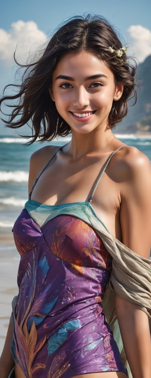  (masterpiece, best quality, ultra-detailed, 8K),highres, high detail, realisitc detailed, a waist high hyerrealistic portrait of an exotic beautiful student model posing lively, kind smile, lipgloss, intricate vibrant color cloth on a beach, perfect detailed face, detailed symmetric hazel eyes with circular iris, short messy dark hair, greasy lip, realistic, stunning realistic photograph, 3d render, octane render, intricately detailed, cinematic, trending on artstation, Isometric, Centered hypereallistic cover photo, awesome full color, best color graded, cinematic,stylized digital art, ultra sharp focus, intricate artwork, epic sky,, 