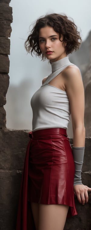 (best quality, masterpiece, top quality, highres, 8K, official art, beautiful and aesthetic:1.2), sharp focus, 
Generate hyper realistic image of a beautiful student model with black pixie hair and bare shoulders, standing confidently in a sleek skirt and sleeveless turtleneck, kind simile, crimson lipgloss, as she gazes directly at the viewer with an enigmatic allure, her dark elbow gloves adding a touch of elegance to the cowboy shot composition against a well lit background, depth of field.