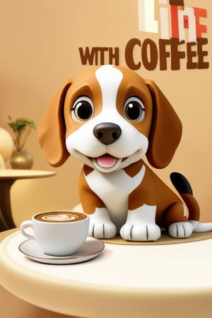 a beagle puppy sitting in a modern cafe,kind smile, eye contact, beautiful bold typograhy of text: 'Life with Coffee', a cup of coffee, cafe background, sculpture, clay art, centered composition, Claymation,3D cartoon,3D render,cartoon style,Flat Illustration