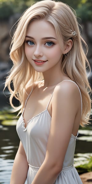 (masterpiece, best quality, ultra-detailed, 8K),highres, high detail, realisitc detailed,highres,sharp focus, 
a medium half-length shot of a beautiful student model, shinny milk beige hair, perfect anatomy, very cute smile, (azure eyes), eye contact, dynamic pose, soft natural lighting, , appropriate shading beautiful face, wearing a simple white camisole, water garden background,curiously complete, elegant, concept art, detailed hairstyles