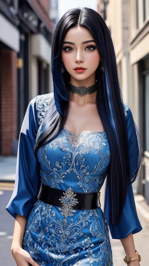 a chest up portrait of a beautiful student model in expresssive intricate dress, long black hair with blue streak hair, chignon, choker, dynamic pose, casual street bg