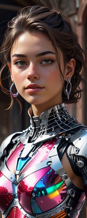 (best quality, 8k, masterpiece, raw image), sharp focus, 
a full body portrait of a beautiful young woman cyborg , 21yo,dark detailed eyes, eye contact, pale soft skin, kind smile, bliss vibes, lipgloss, 
dark flowy hair, detailed realistic jewelry,necklace, earrings, realistic detailed dress shirts, colorful outfits, dynamic pose,tourist spot in the Adriatic background,natural light,
,colorful,
