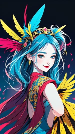 flat illustration, 1girl, solo, a beautiful young woman dancing on the street for samba carnival, eye contact, long hair, headdress,rainbowhair, makeup, kind smile, glossy red lips, detailed face, blue brocade costume with wings, fluffy feathers,  cowboy_shot, ,a ncg,