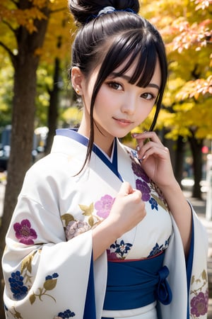 a beautiful young woman, detaled face, kind smile, dark eyes, dark hair,  topknot, japanese ornate hairpin, blue brocade kimono, kyoto, outdoor, autumn, autumn leaves, fallen leaves, upper body, detailed nail, photorealistic,