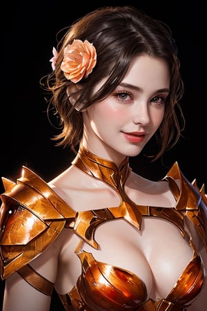 an upper body  portrait of beautiful young woman, looking at viewer, smirk, petals, flowers, flower dress, colorful, dark amber holy background, flower armor, realist, realistic skin, clear soft skin, skin detailed, pore, grain, breasts, art,