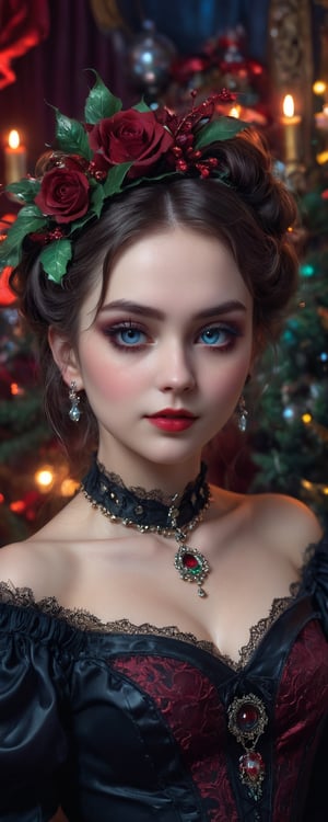 (best quality, masterpiece, ultra detailed, 8K, RAW photo), 
a beautiful young woman, victorian style, gothic clothes, modelshoot style, eye contact, lipgloss, smirk, flawless skin, shinny jewelries, christmas vibes, christmas decoration, flowers,  glow, darl background, hyper realistic, detailed, colorful